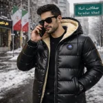 کاپشن مردانه پفی چرم ساده مشکی - Image 2