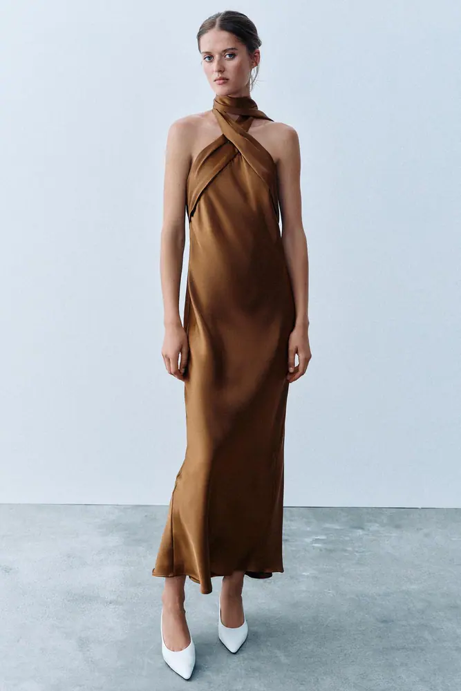 شلوار زارا زنانه مدل SATIN HALTER MIDI DRESS کد